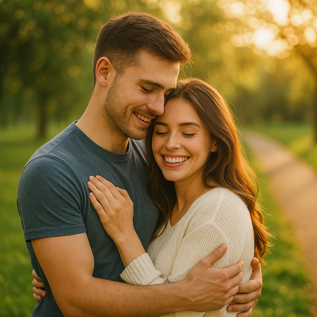 Smiling Caucasian couple embracing outdoors — symbolizing healthy relationships, confidence, and male vitality.