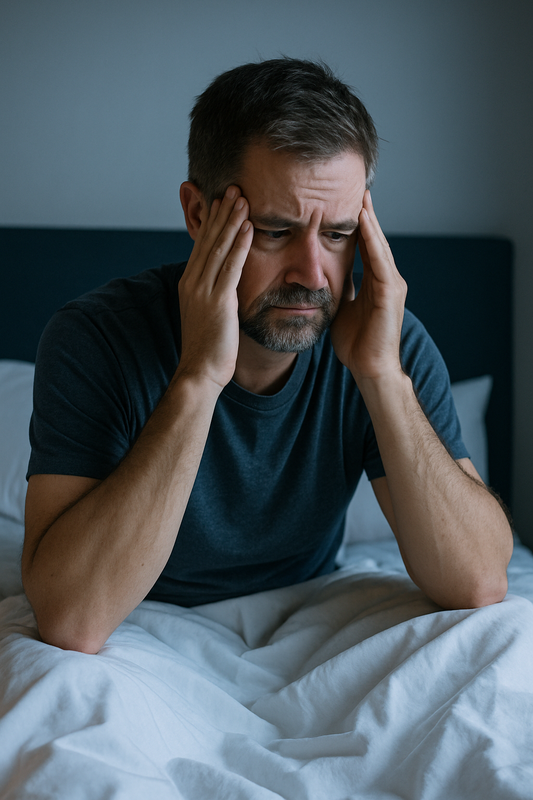 Man sitting awake in bed, looking stressed